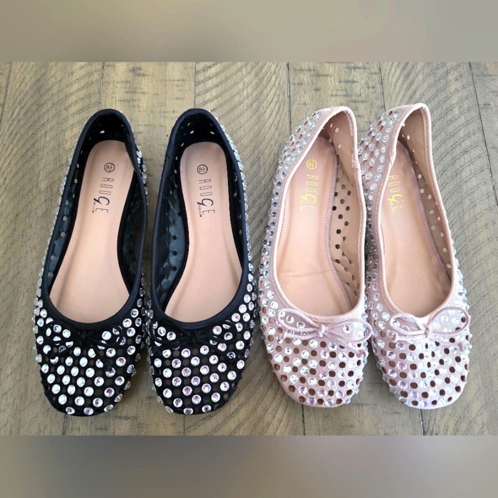 2 Pairs Rouge Helium Rhinestone BLING Womens Black & Tan Flats Both Size 8.5